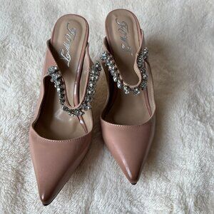 Pointed Toe Stiletto High Heel Strap Mules, 4 Inch Crystal Rhinestone 7.5 US